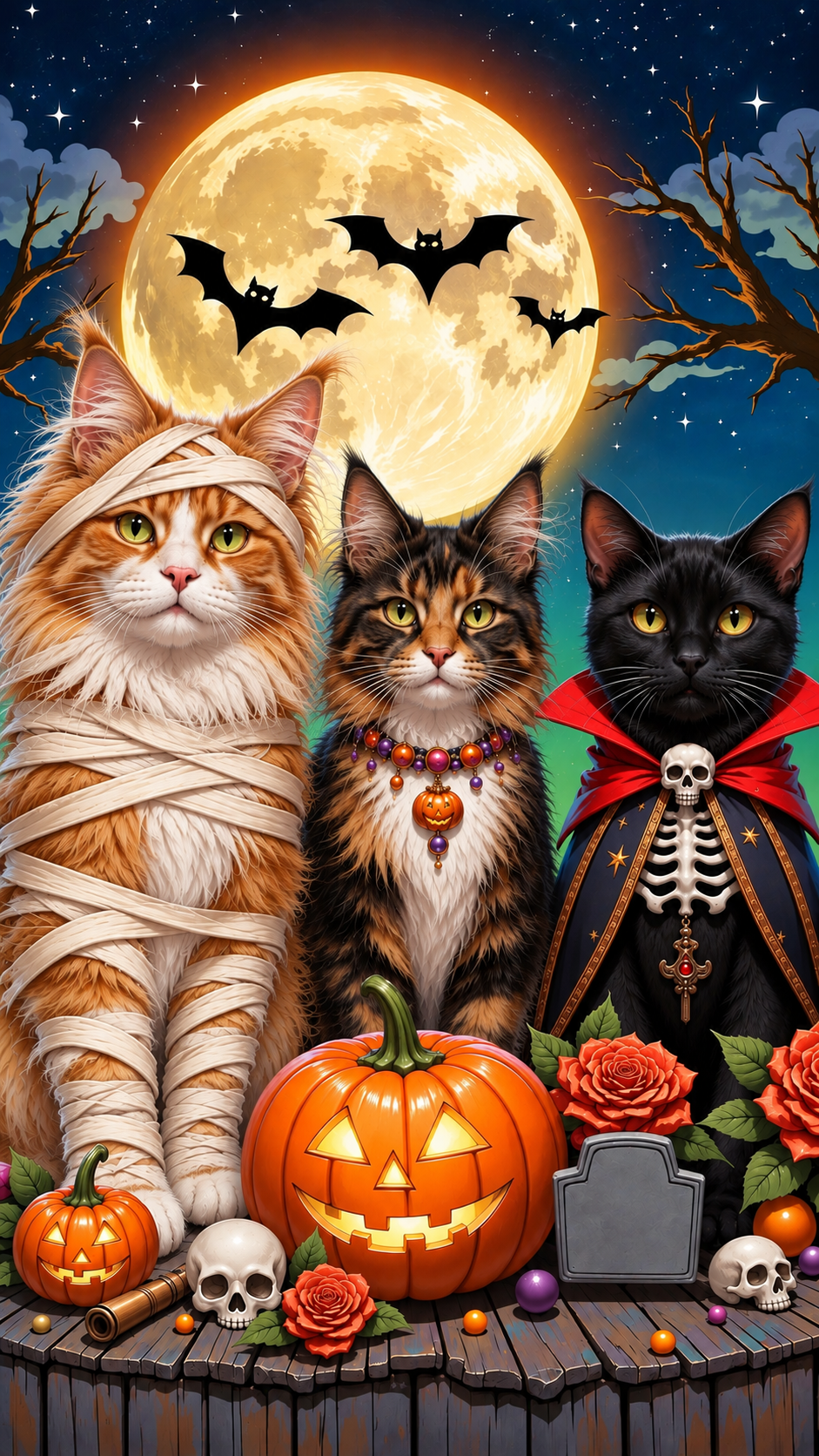 3 cats dressed for Halloween under a full moon
