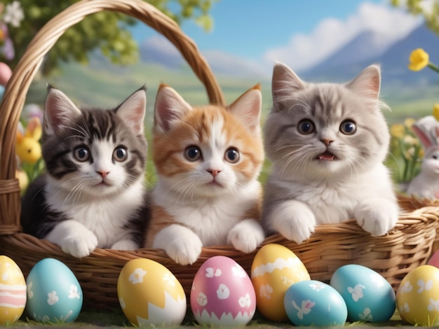 picture of 3 cats in a basket with easter eggs