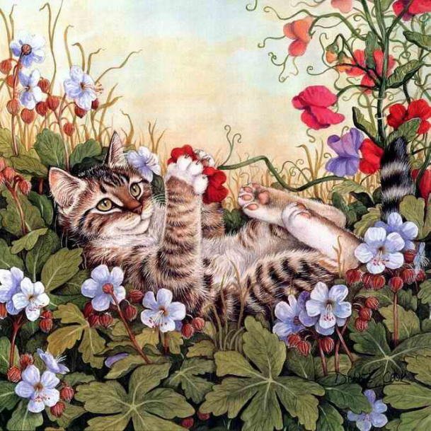 drawing of cat playing in flowers