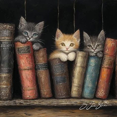 image of 3 kittens on a bookshelf